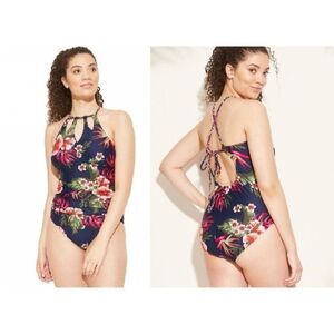 One Piece Swimsuit by Kona Sol Swim Wear with Keyhole Braided Straps - Navy, XL